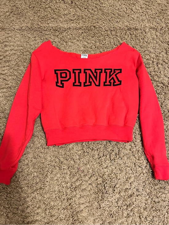 PINK Victoria's Secret Tops - Victoria Secret PINK red and black logo off the shoulder sweatshirt size small